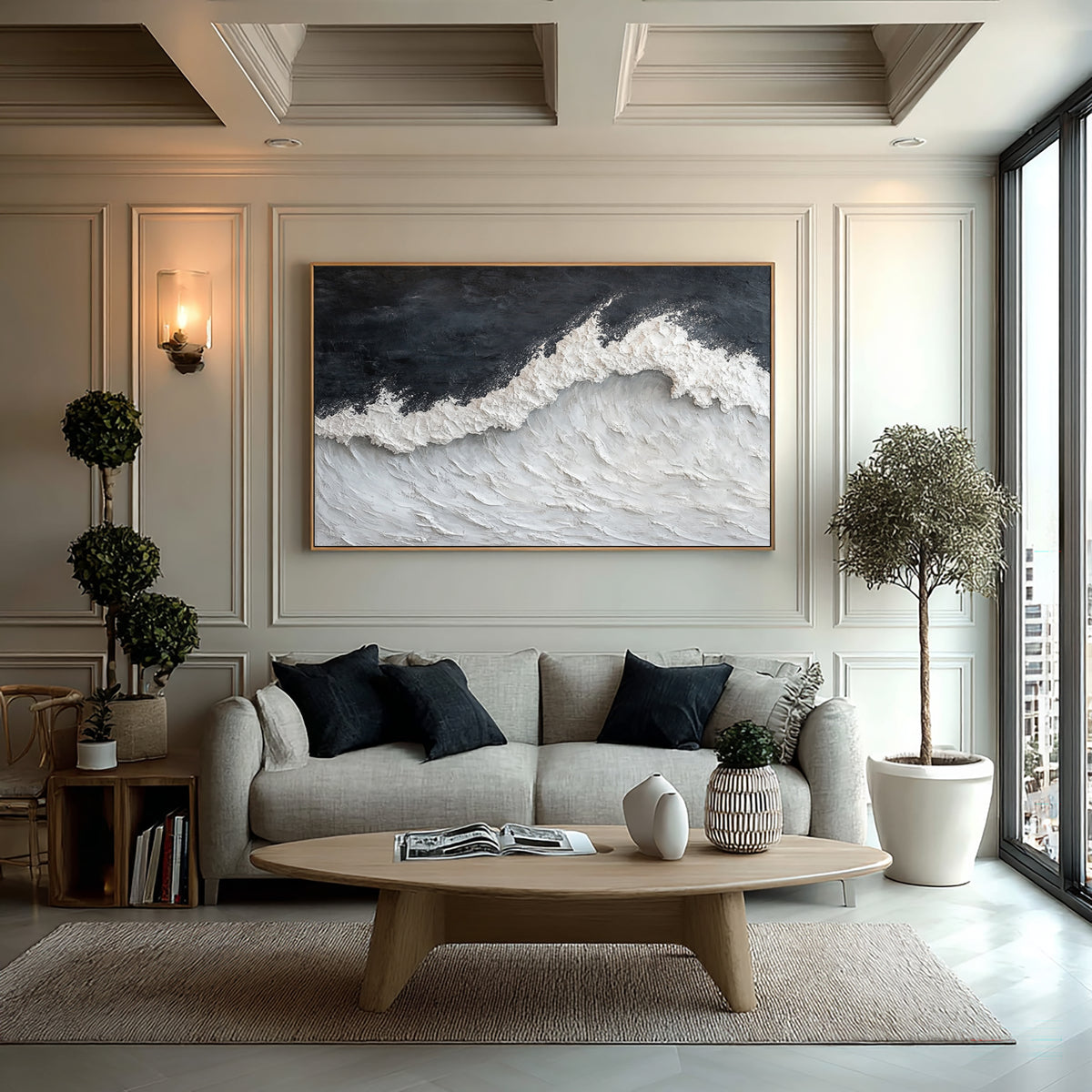 Stormy Sea Waves Textured Coastal Artwork Handmade Ocean Painting Gray White Contemporary Wall Decor