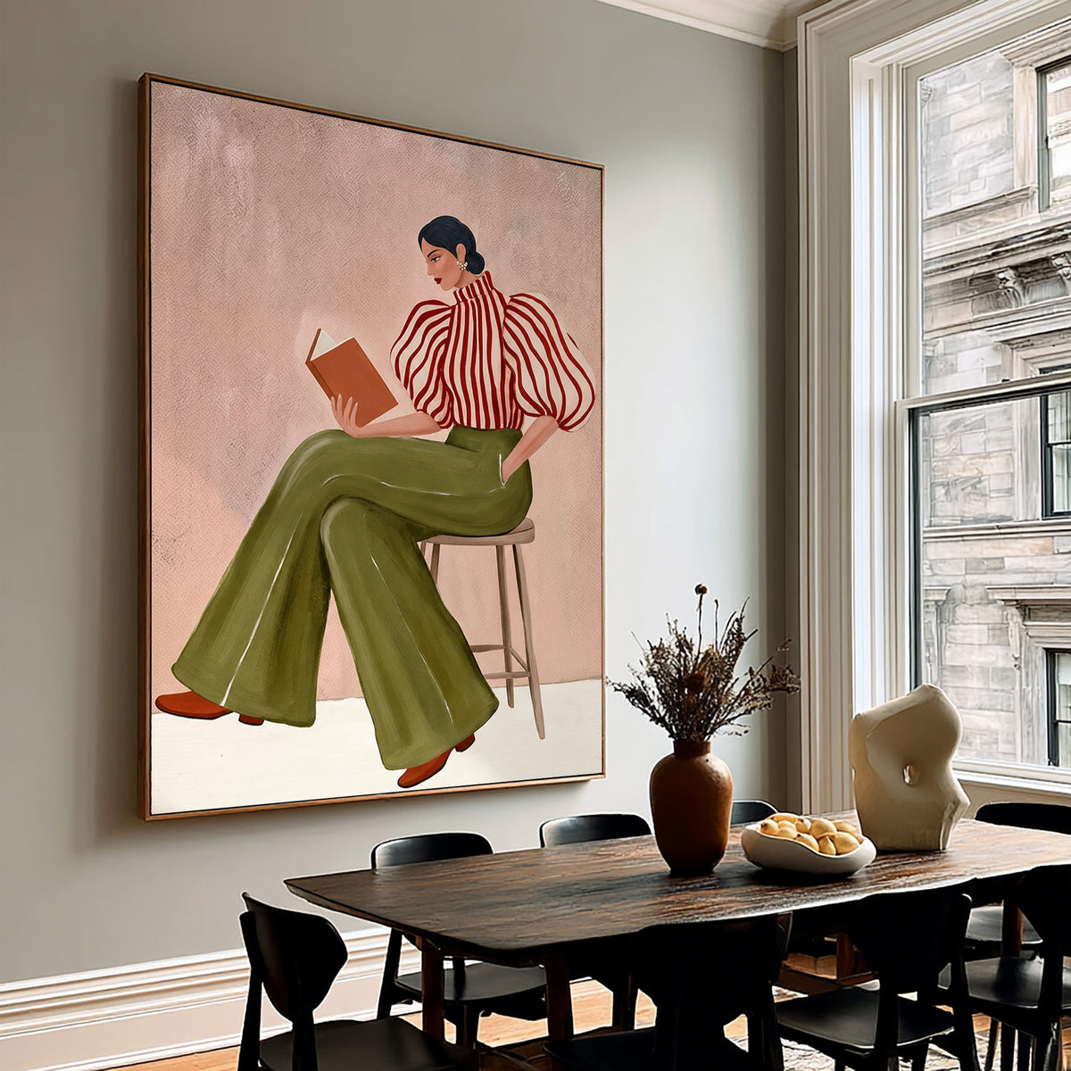 Modern Woman Reading Book Striped Blouse Figurative Painting Wall Art