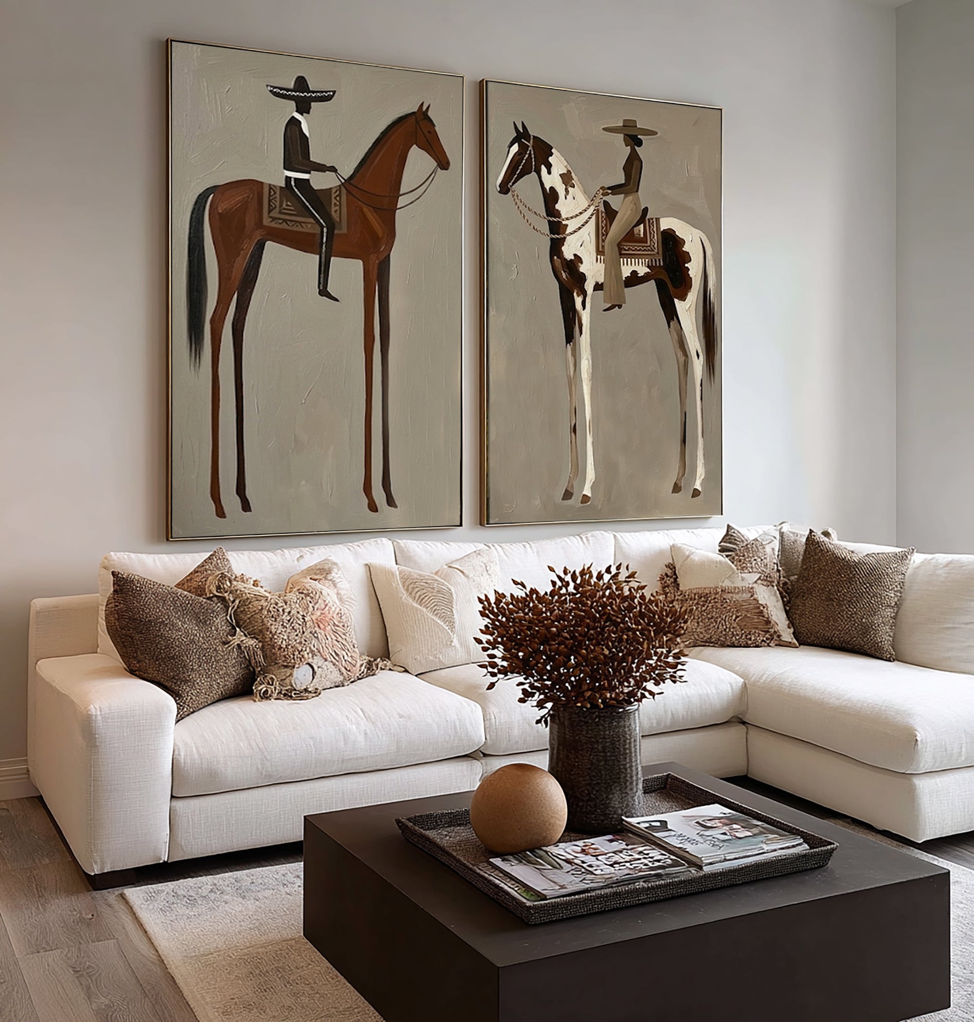 Large Minimalist Cowboy Horse Wall Art Contemporary Western Canvas Diptych