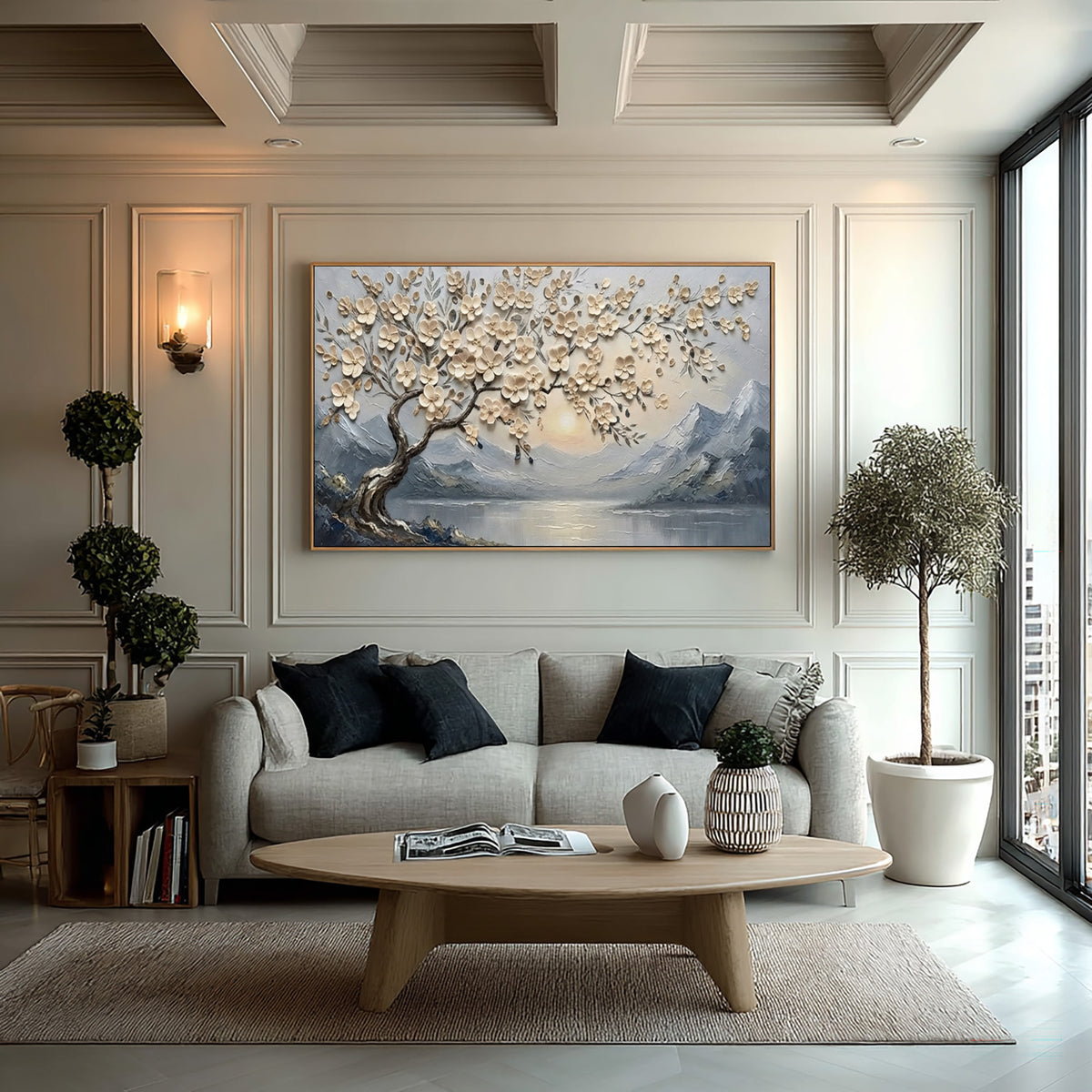 Large Textured Blossom Tree Painting Mountain Lake Living Room Wall Art