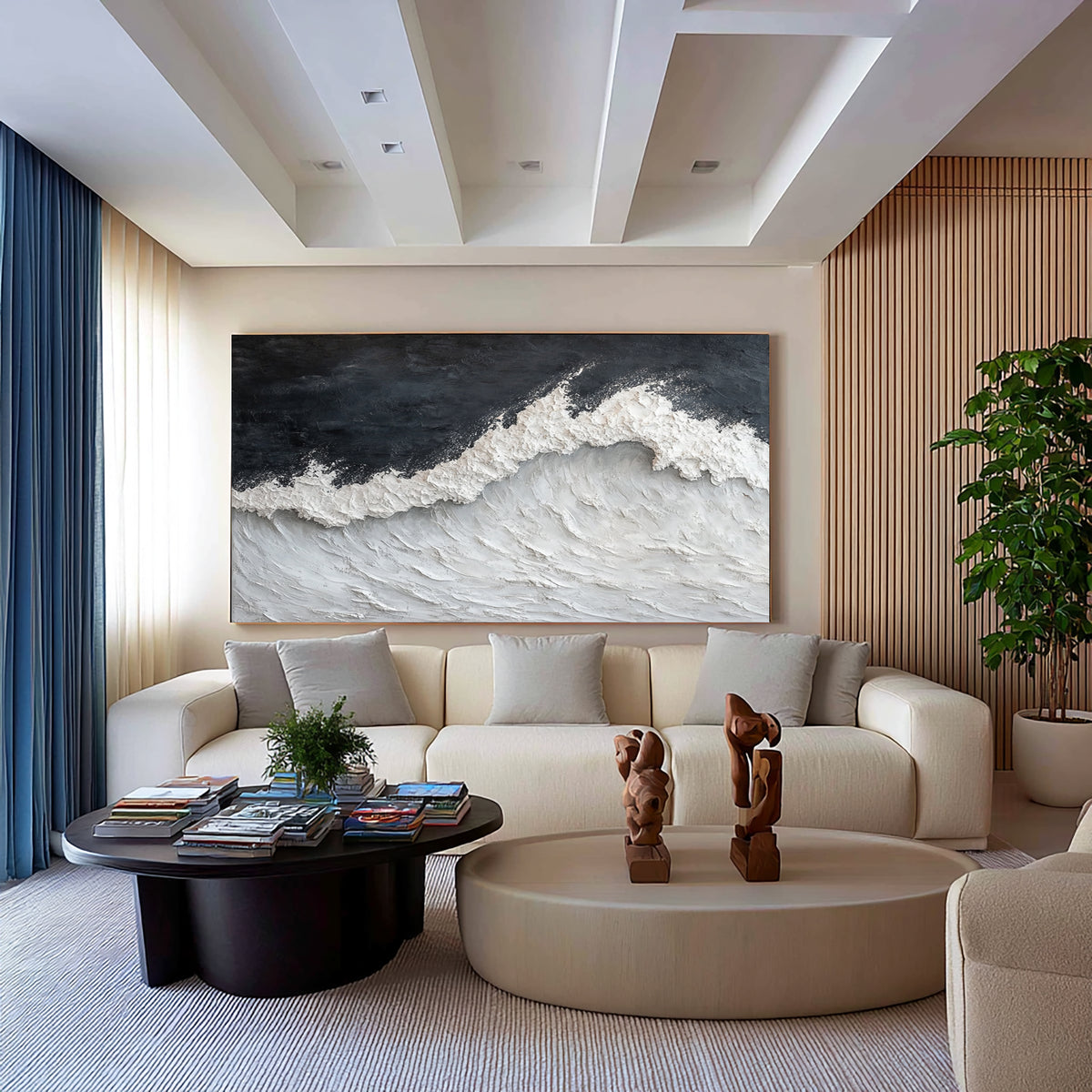 Stormy Sea Waves Textured Coastal Artwork Handmade Ocean Painting Gray White Contemporary Wall Decor
