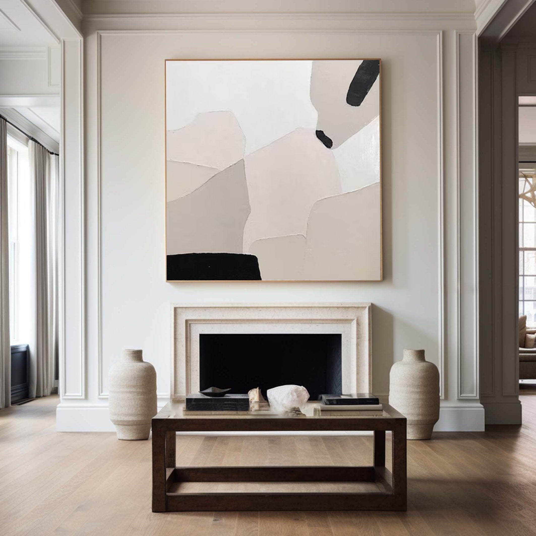 Minimalist Abstract Canvas with Neutral Beige and Black Tones #AB069