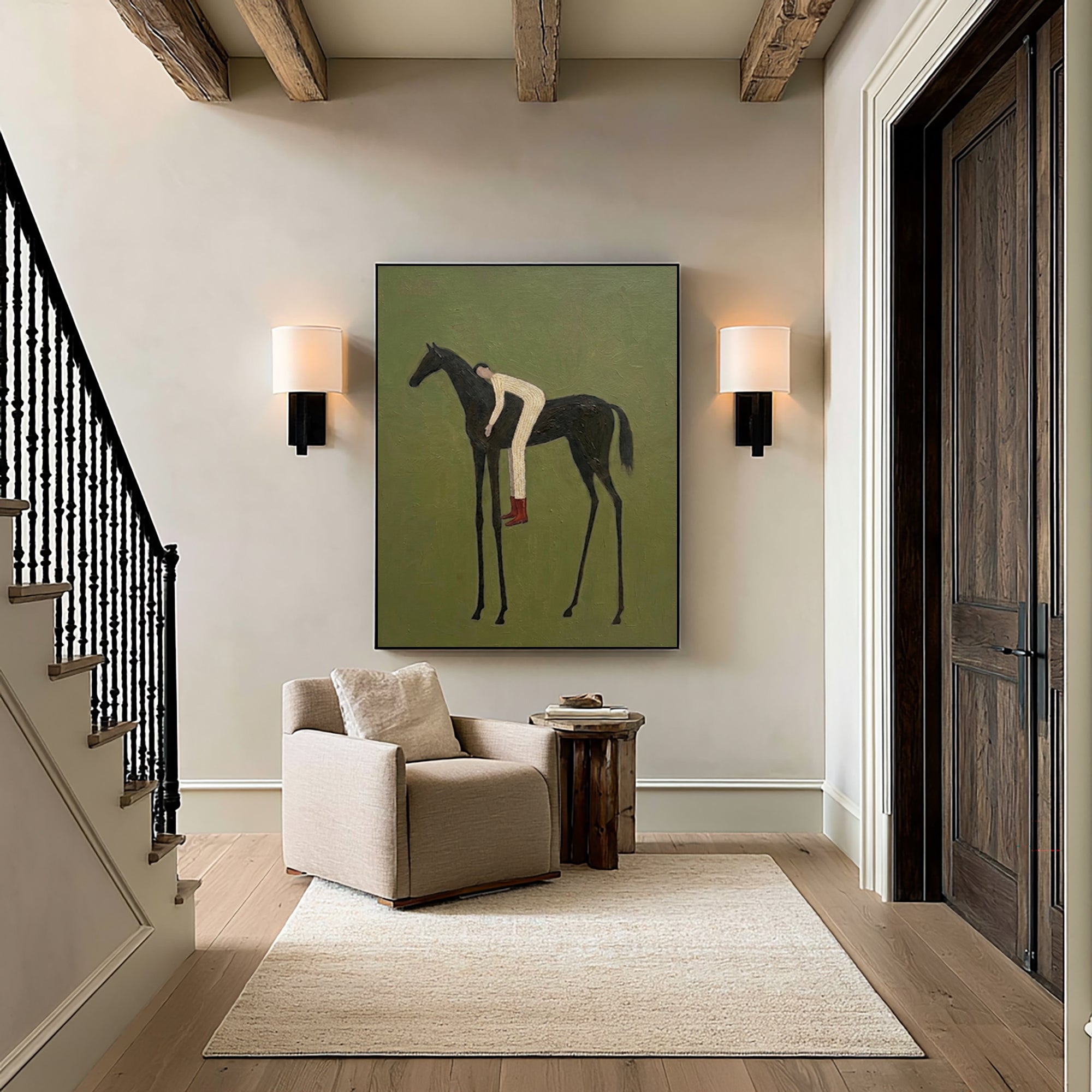 Large Contemporary Figurative Horse Rider Wall Art Equestrian Oil Painting Minimalist Cowboy Cowgirl Inspired Artwork Modern Home Decor