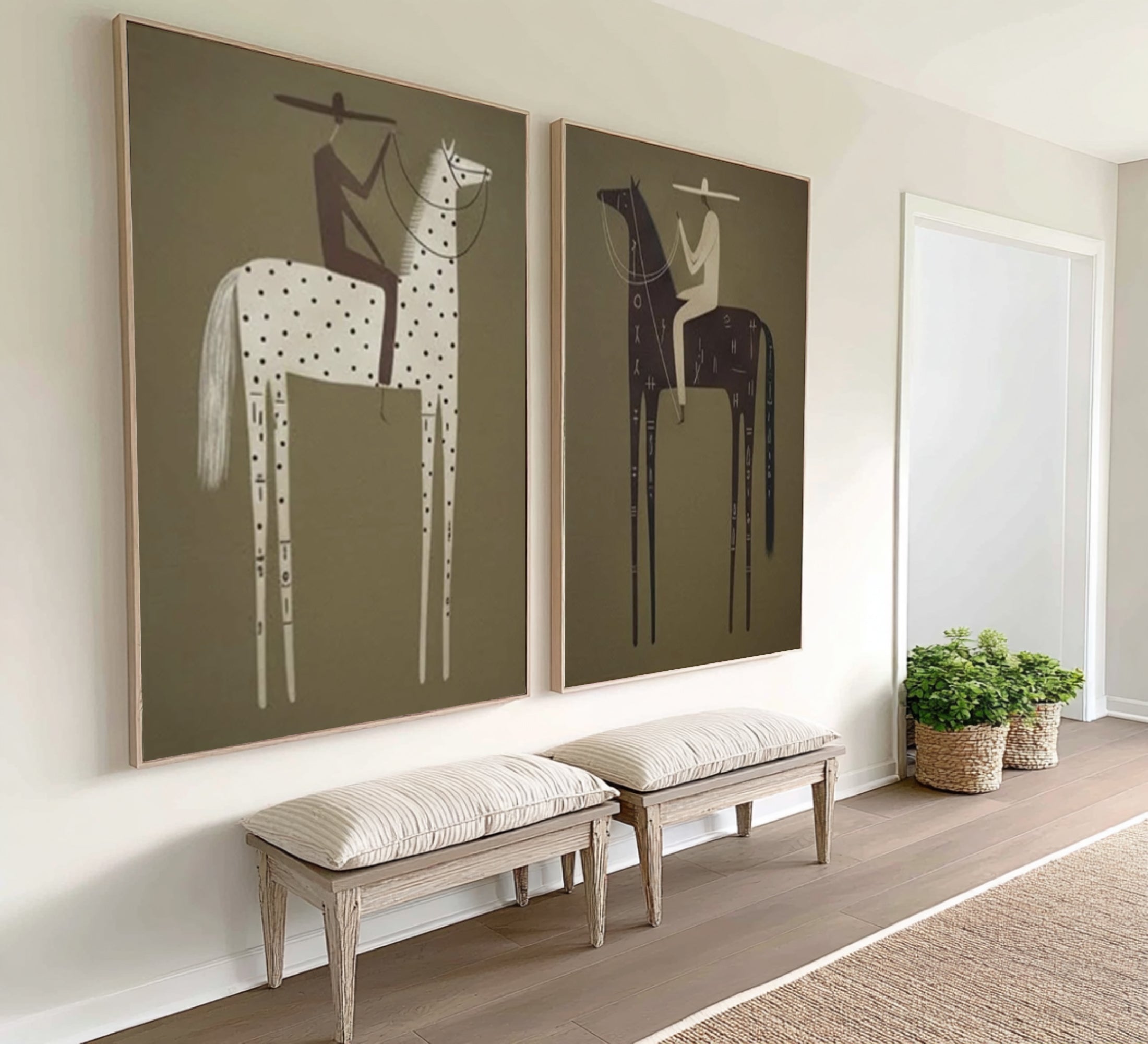 Large Folk Art Horse Paintings Contemporary Minimalist Diptych
