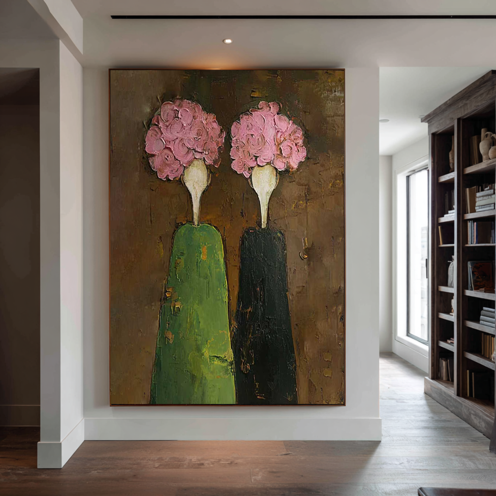 Modern Figurative Oil Painting - Green and Pink Wall Art | KelorArt