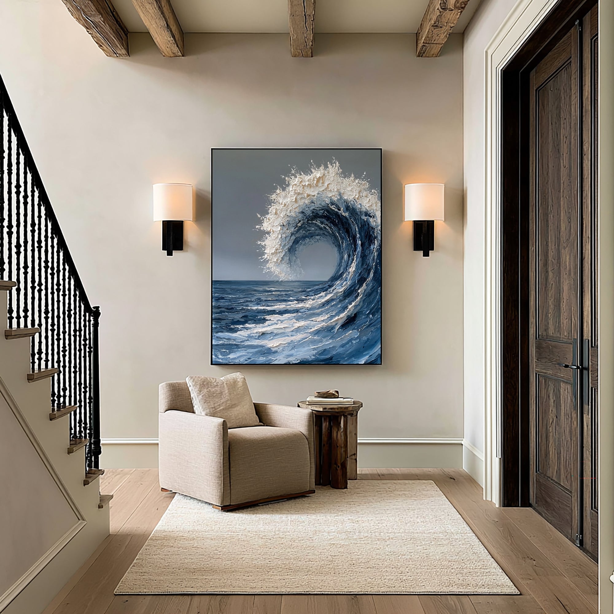 Large Hand Painted Ocean Wave Wall Art Textured Oil Painting Coastal Seascape Cowboy Cowgirl Inspired Vintage Americana Artwork Interior Decor
