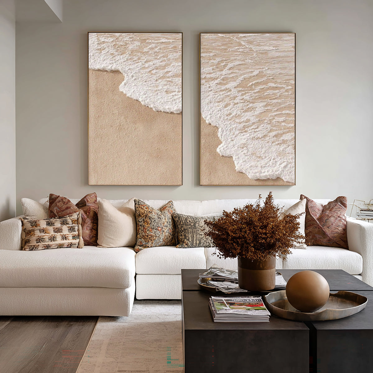 Echoes Of The Same Ocean Diptych Coastal Wall Art Textured Wave Painting Neutral Contemporary Decor