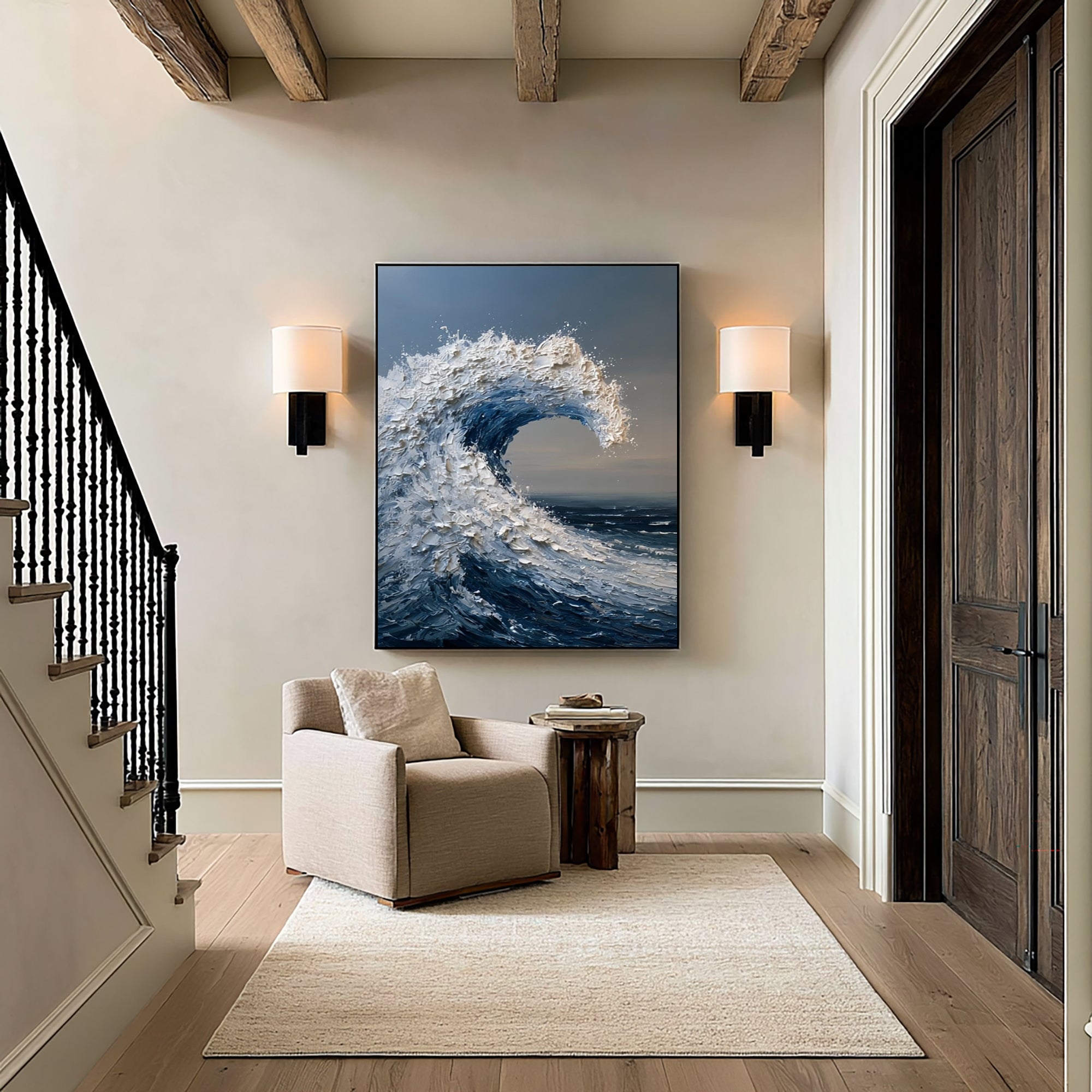 Large Textured Ocean Wave Wall Art Hand Painted Oil Painting Seascape Cowboy Cowgirl Inspired Vintage Americana Artwork Modern Home Decor