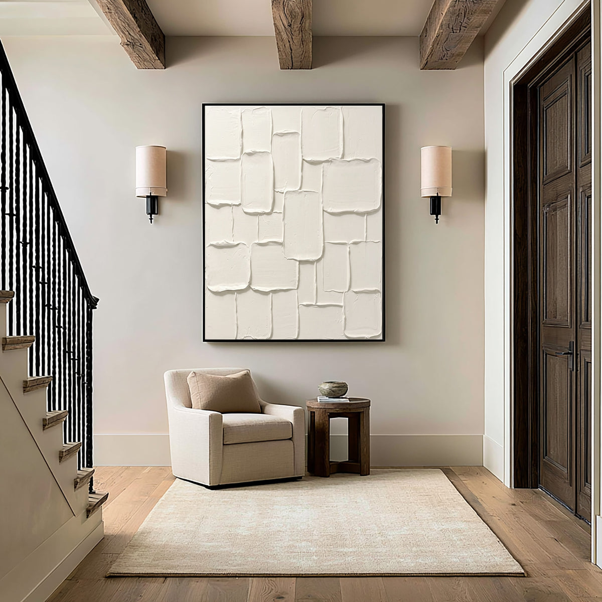 Large Ivory Modern Plaster Collage Wall Art Neutral Abstract Oil Painting Raised Rounded Rectangles Thick Impasto Texture Contemporary Minimalist Luxury Home Decor