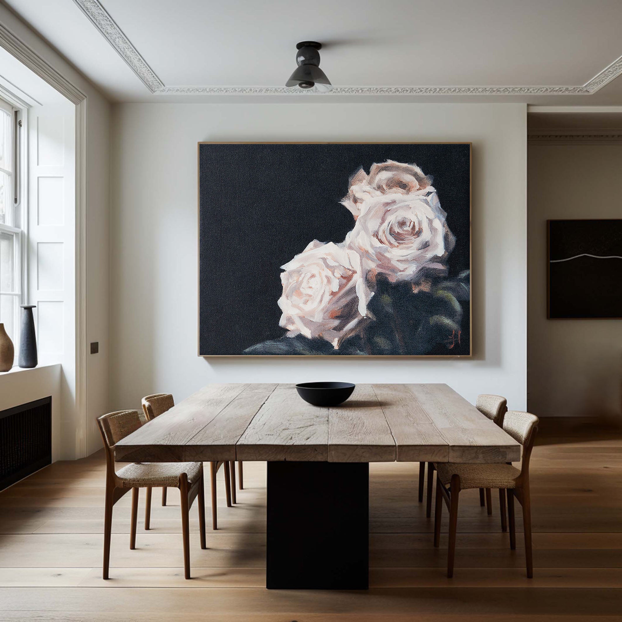 Soft Roses Against Deep Black, Contemporary Floral Expression #MM374