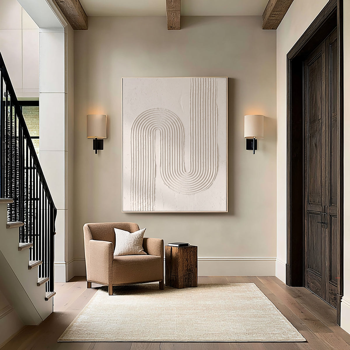 Modern Linear Sculpture Handmade Abstract Artwork White Textured Relief Painting Minimalist Wall Decor