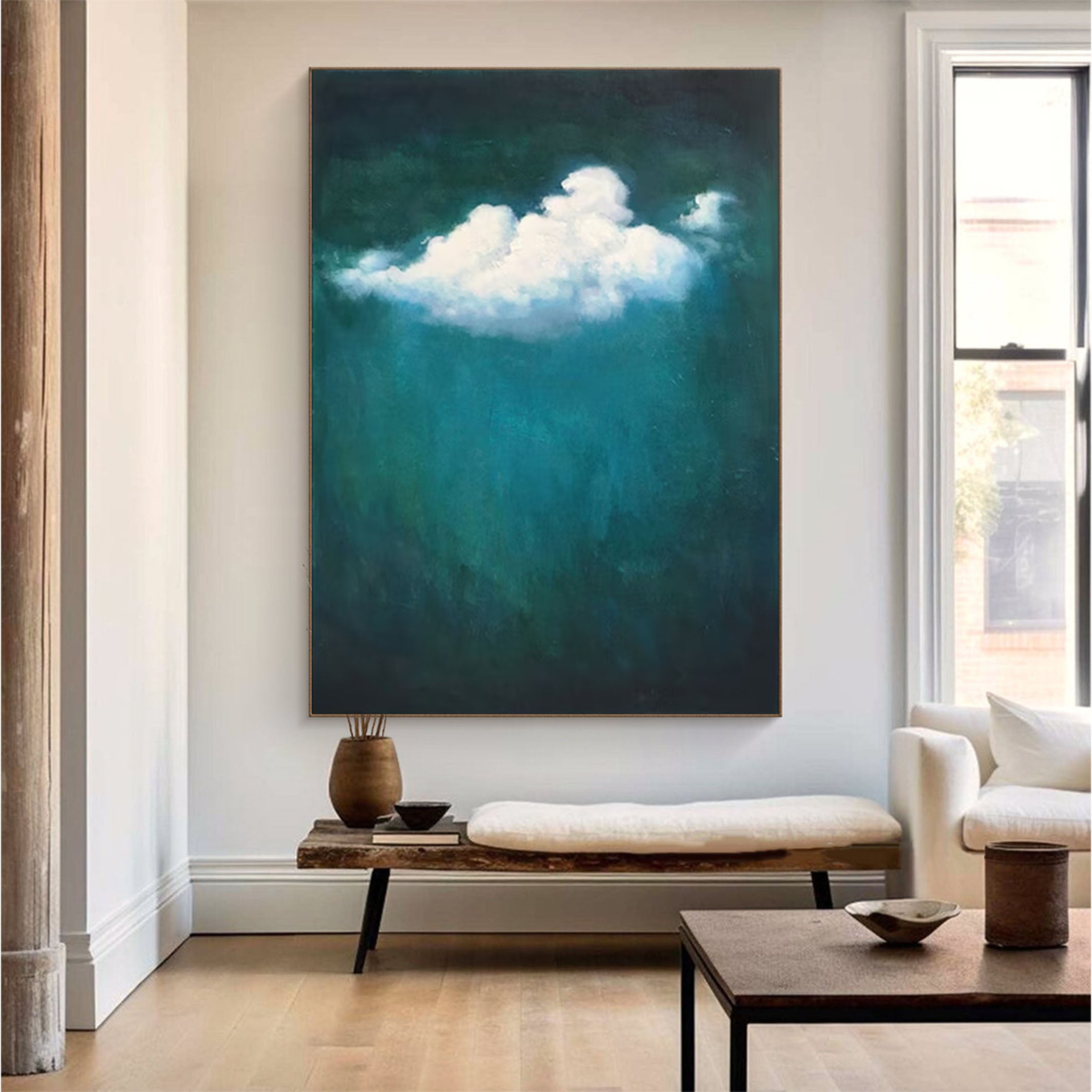 Nature-Inspired Green and Cloud Canvas Art