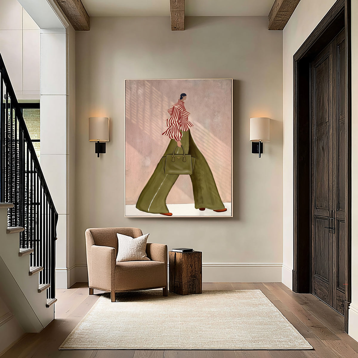 Fashion Woman Wall Art Green Pants Striped Top Hand Painted Art