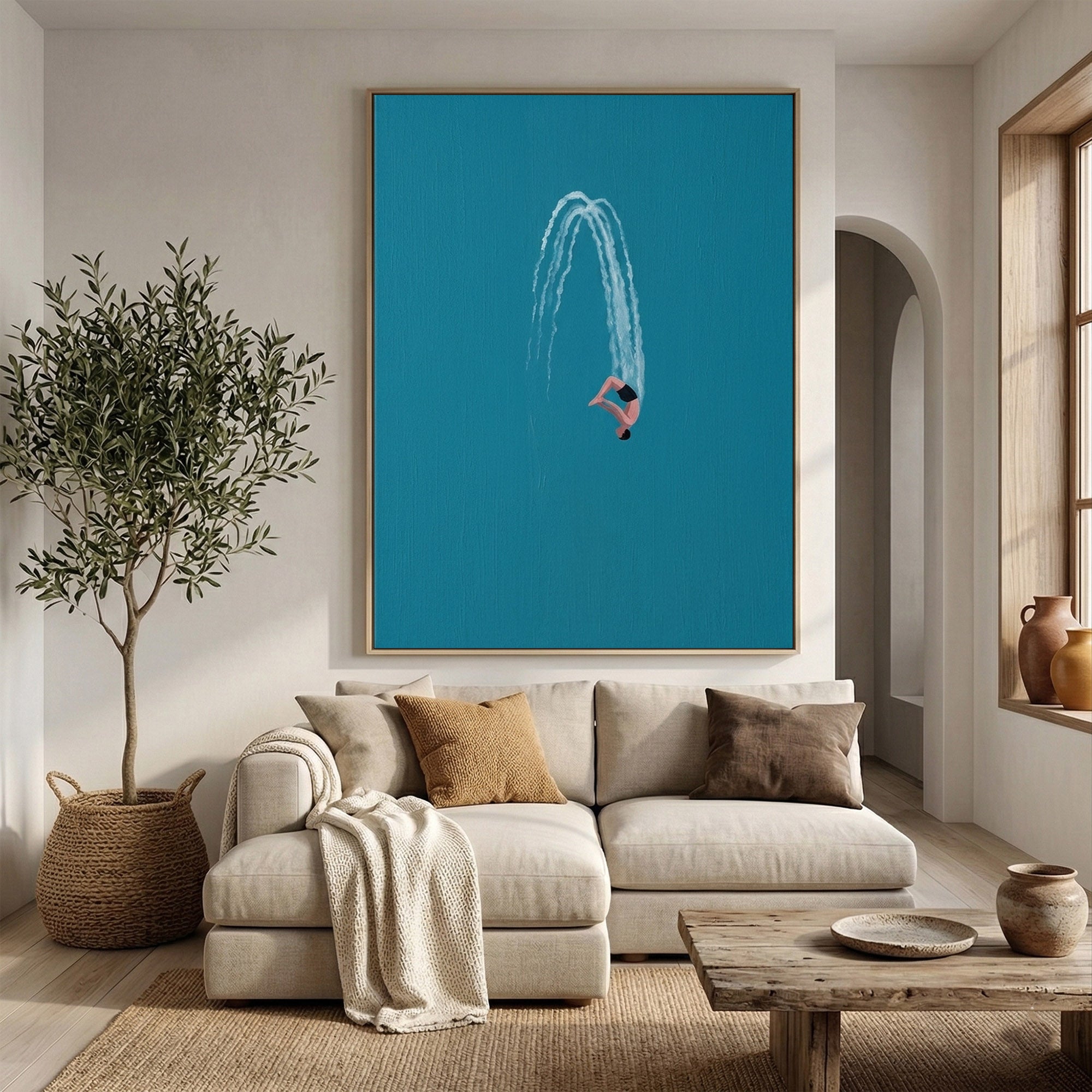 Large Minimalist Diver Wall Art Modern Swimming Oil Painting Coastal Decor