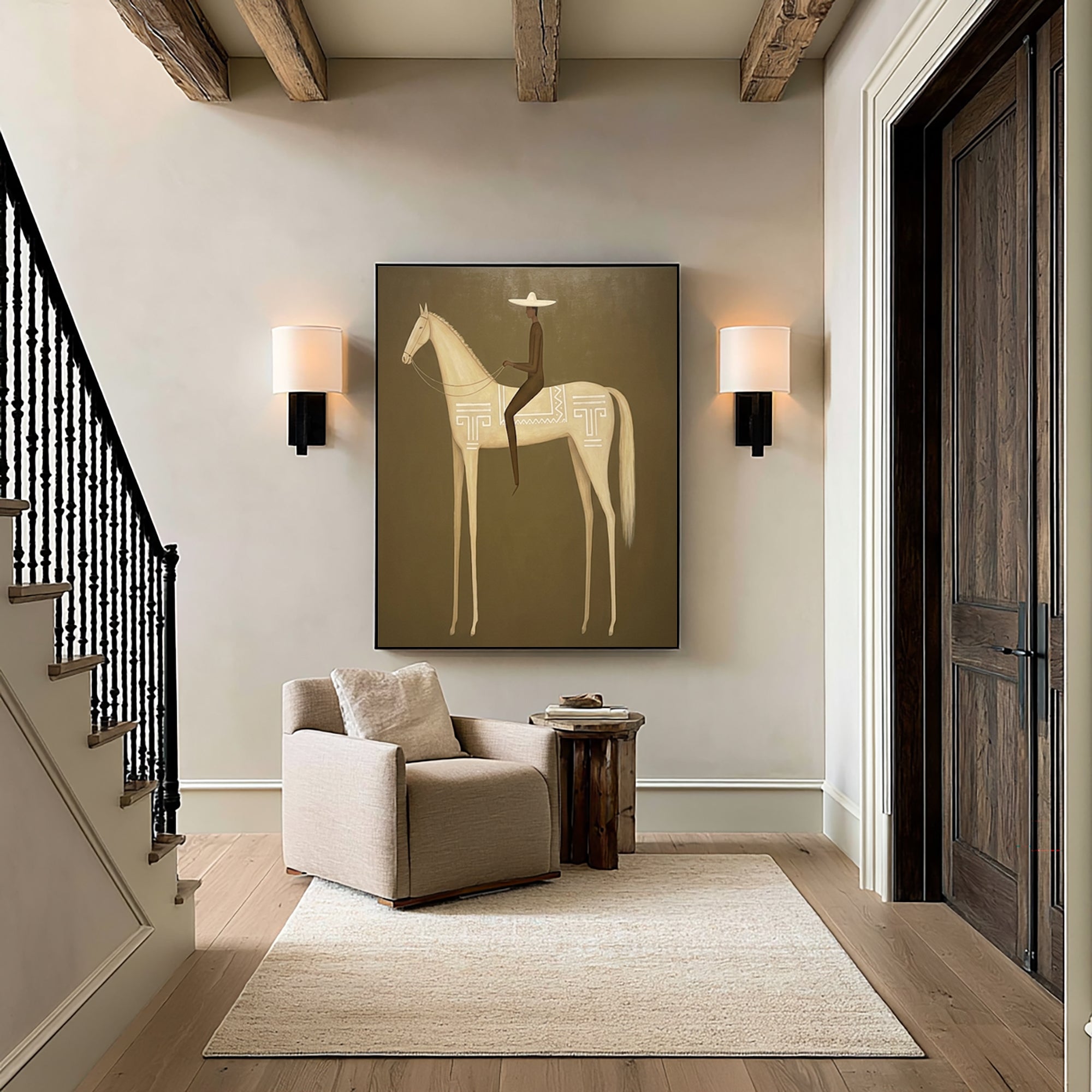 Large Minimalist Americana Horse Rider Wall Art Equestrian Oil Painting Cowboy Cowgirl Inspired Western Artwork Modern Interior Decor