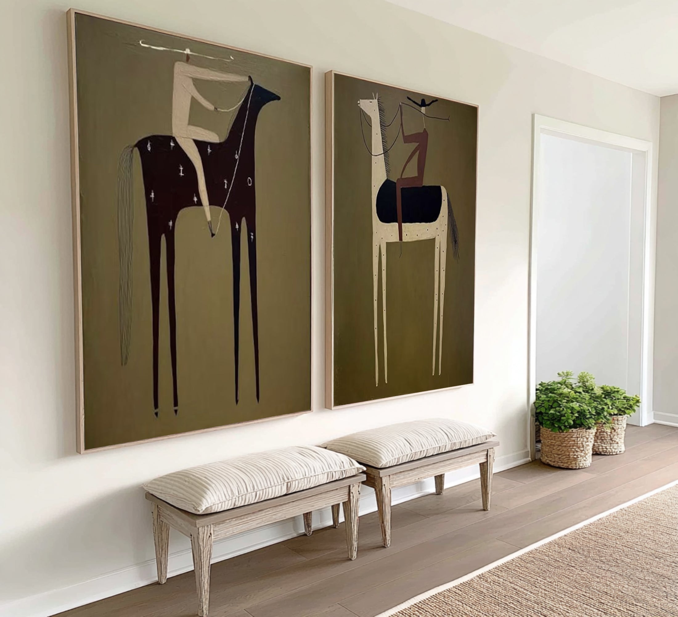 Large Luxury Horse Rider Canvas Art Contemporary Neutral Diptych Painting