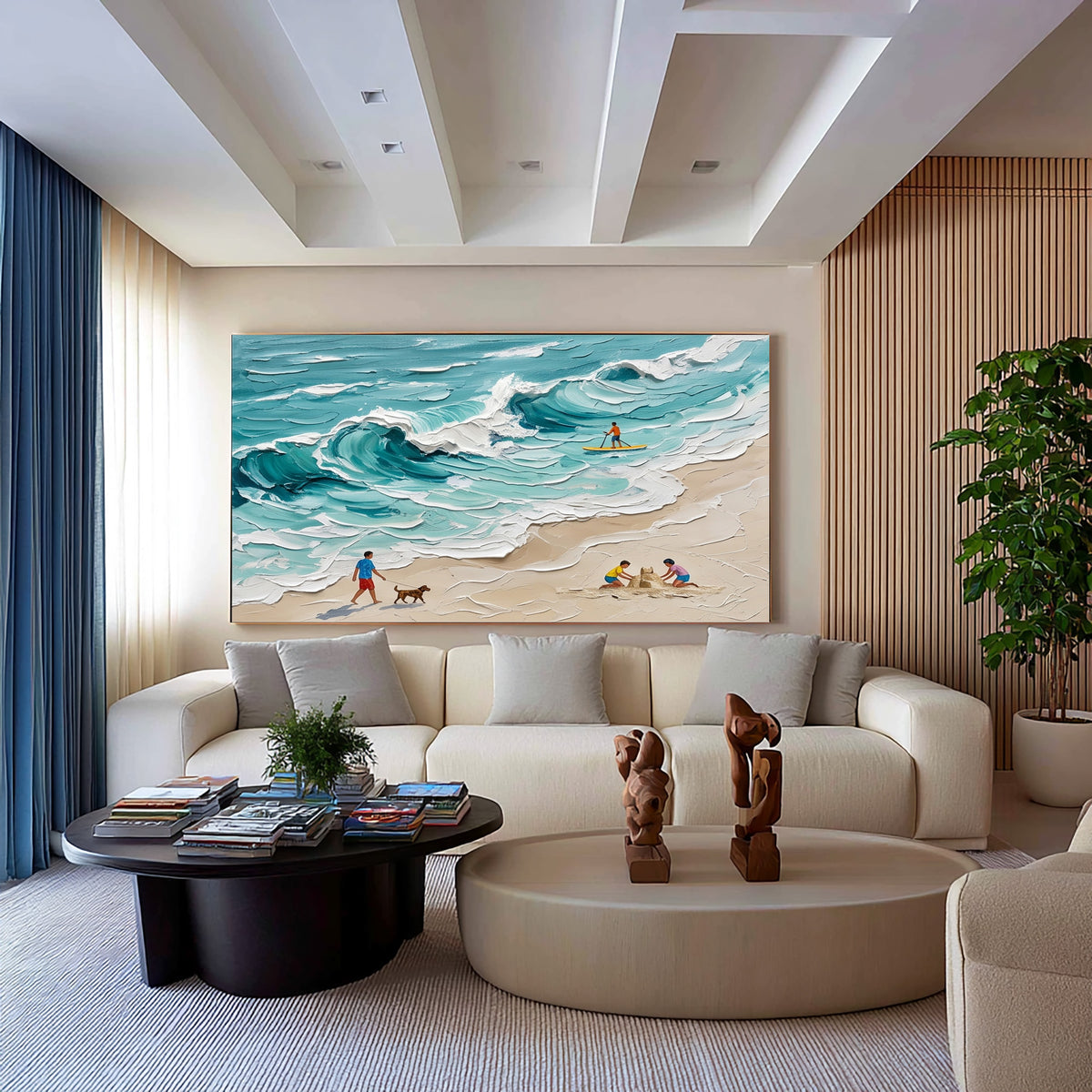 Large Textured Oil Painting Family Beach Scene Turquoise Ocean Coastal Art