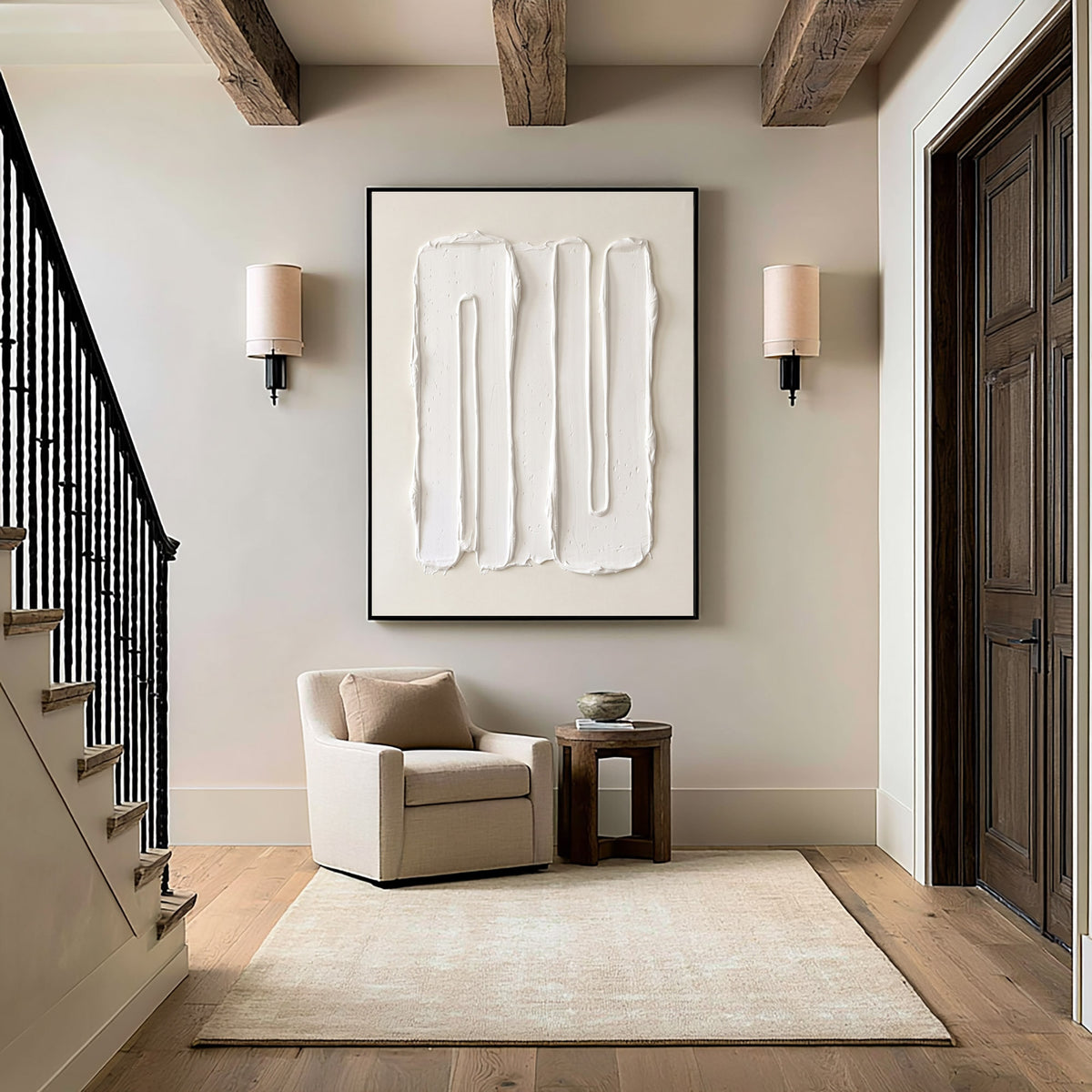 Large Modern Vertical Textured Relief Wall Art Ivory Abstract Oil Painting Sculptural Raised Lines Neutral Minimalist Contemporary Luxury Home Decor