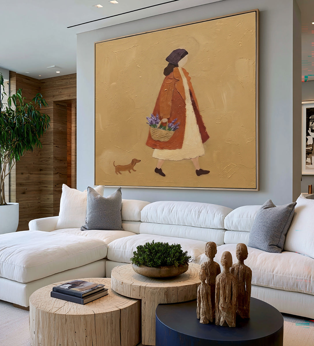 A Stroll Through The Countryside Woman Walking Dog Original Figurative Painting Warm Rustic Wall Art