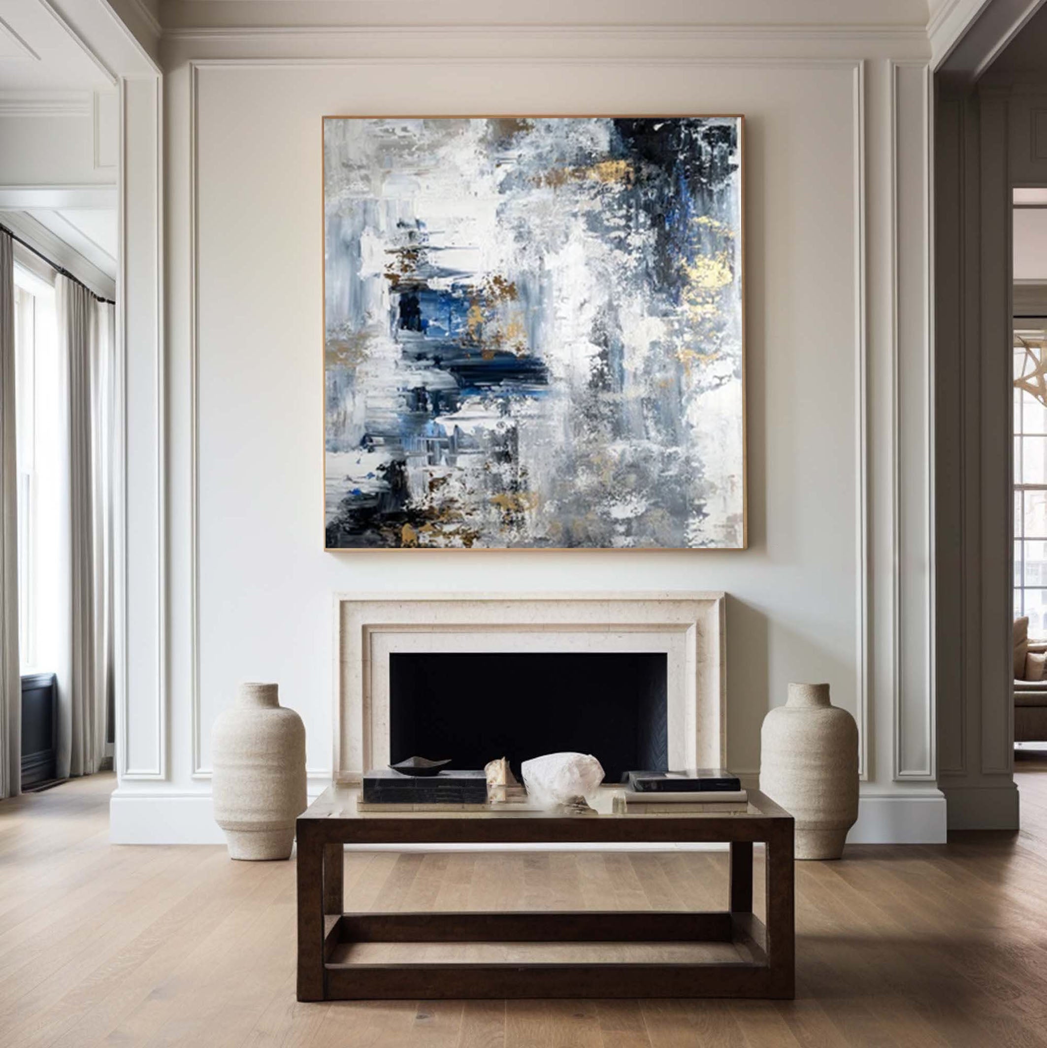 Modern Abstract Canvas with Blue and White Tones #AB068