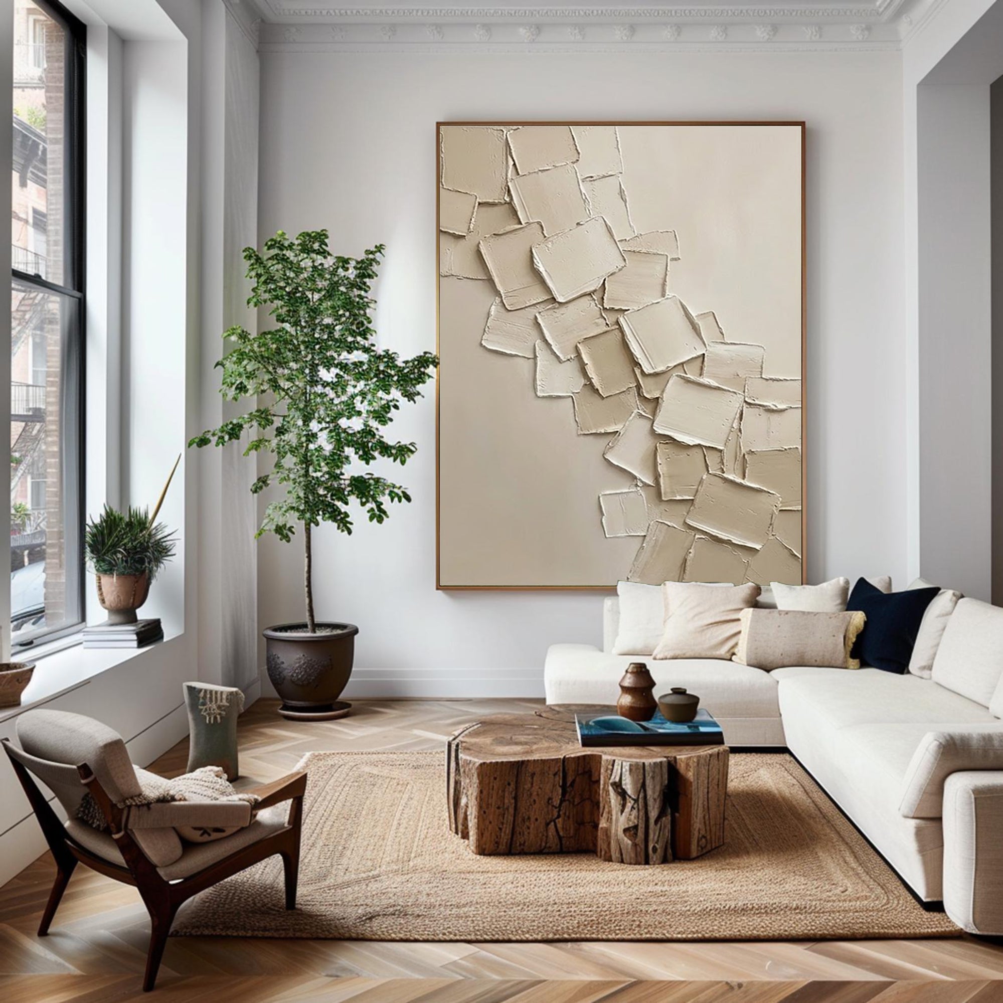 Large Minimalist Neutral Oil Artwork – Hand Painted Beige Texture Wall Decor