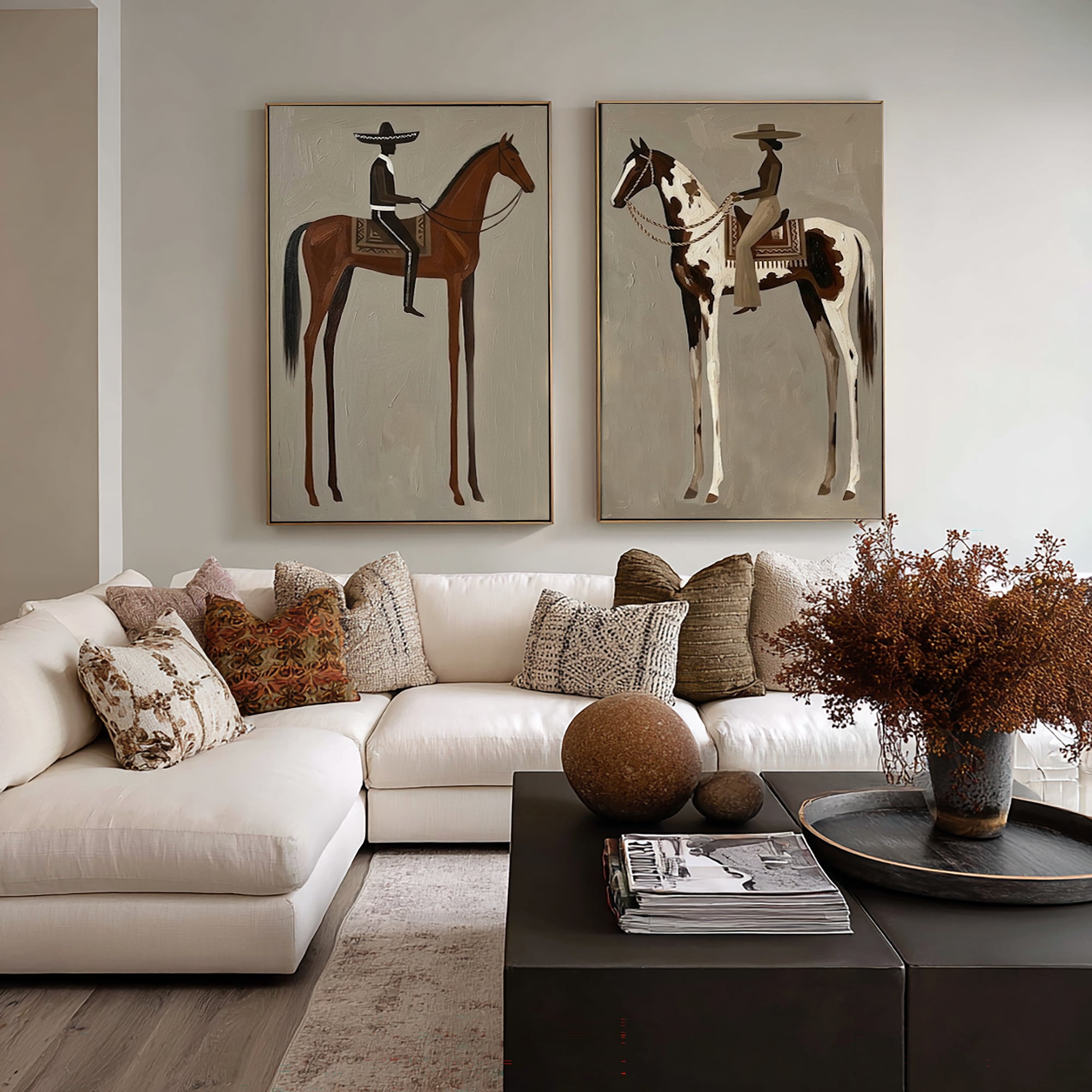 Large Minimalist Cowboy Horse Wall Art Contemporary Western Canvas Diptych