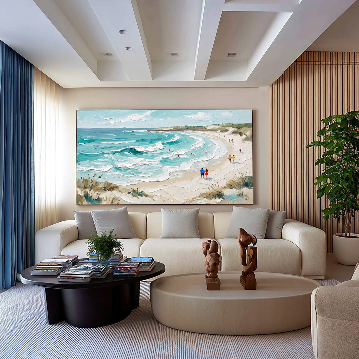 Textured Seaside Landscape Painting Sandy Beach Blue Ocean Waves
