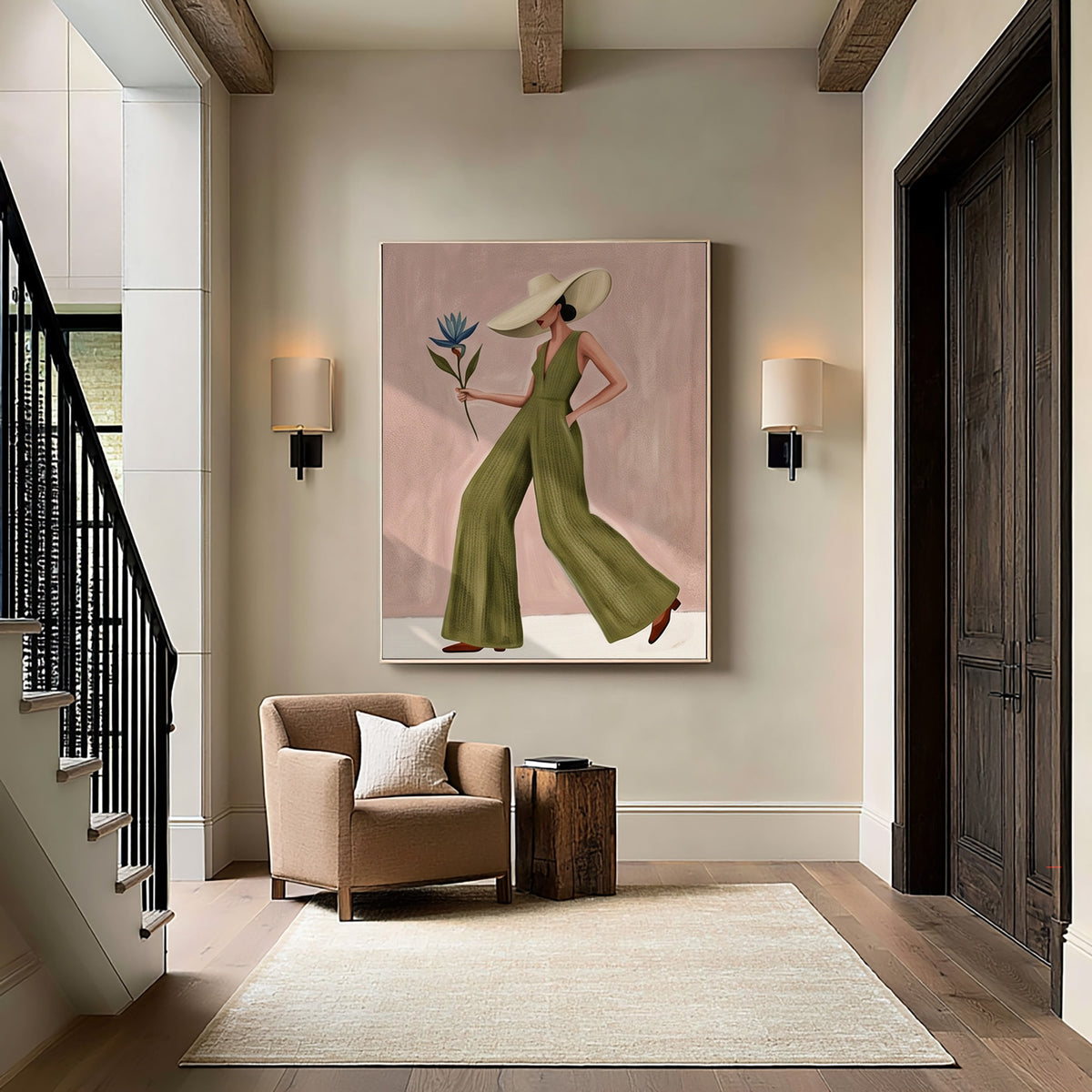 Modern Fashion Woman Painting Green Jumpsuit Wall Art