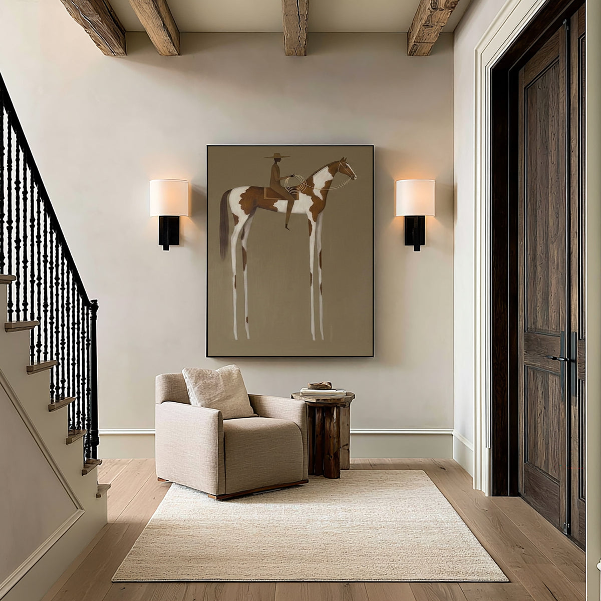 Large Modern Western Equestrian Wall Art Horse Rider Oil Painting Cowboy Cowgirl Inspired Vintage Americana Artwork Luxury Home Decor