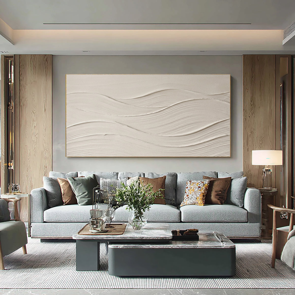 Large Modern Abstract Flowing Waves Wall Art White Textured Oil Painting Minimalist Neutral Coastal Artwork Contemporary Home Decor 