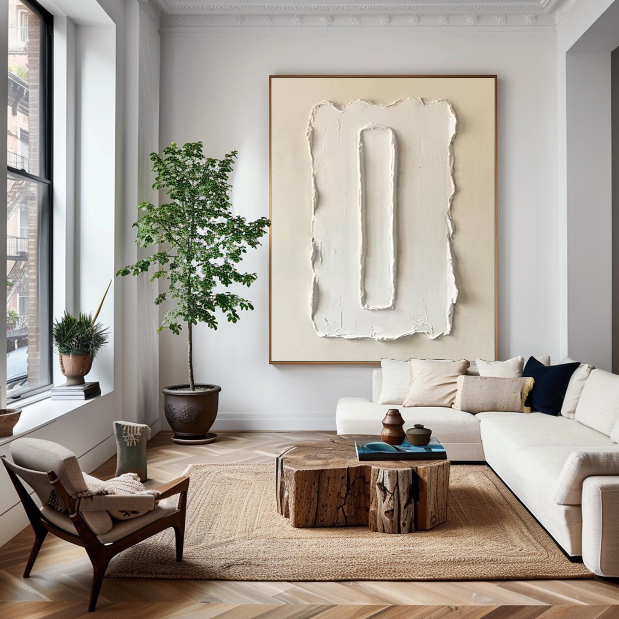 Large Abstract Oil Painting with Sculptural Vertical Texture Design