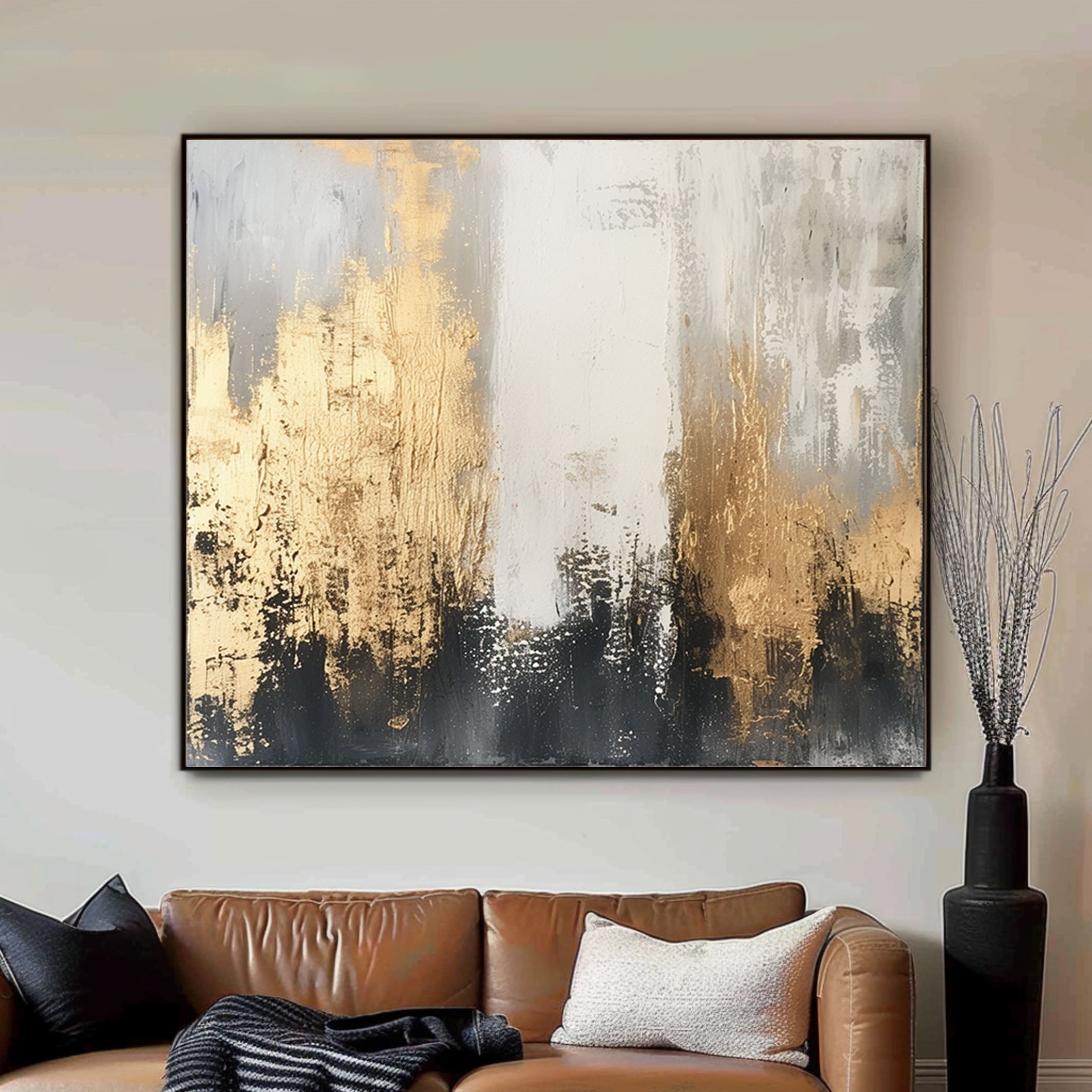 Contemporary Abstract Canvas Bold Brush Strokes in Gold and Black #AB016