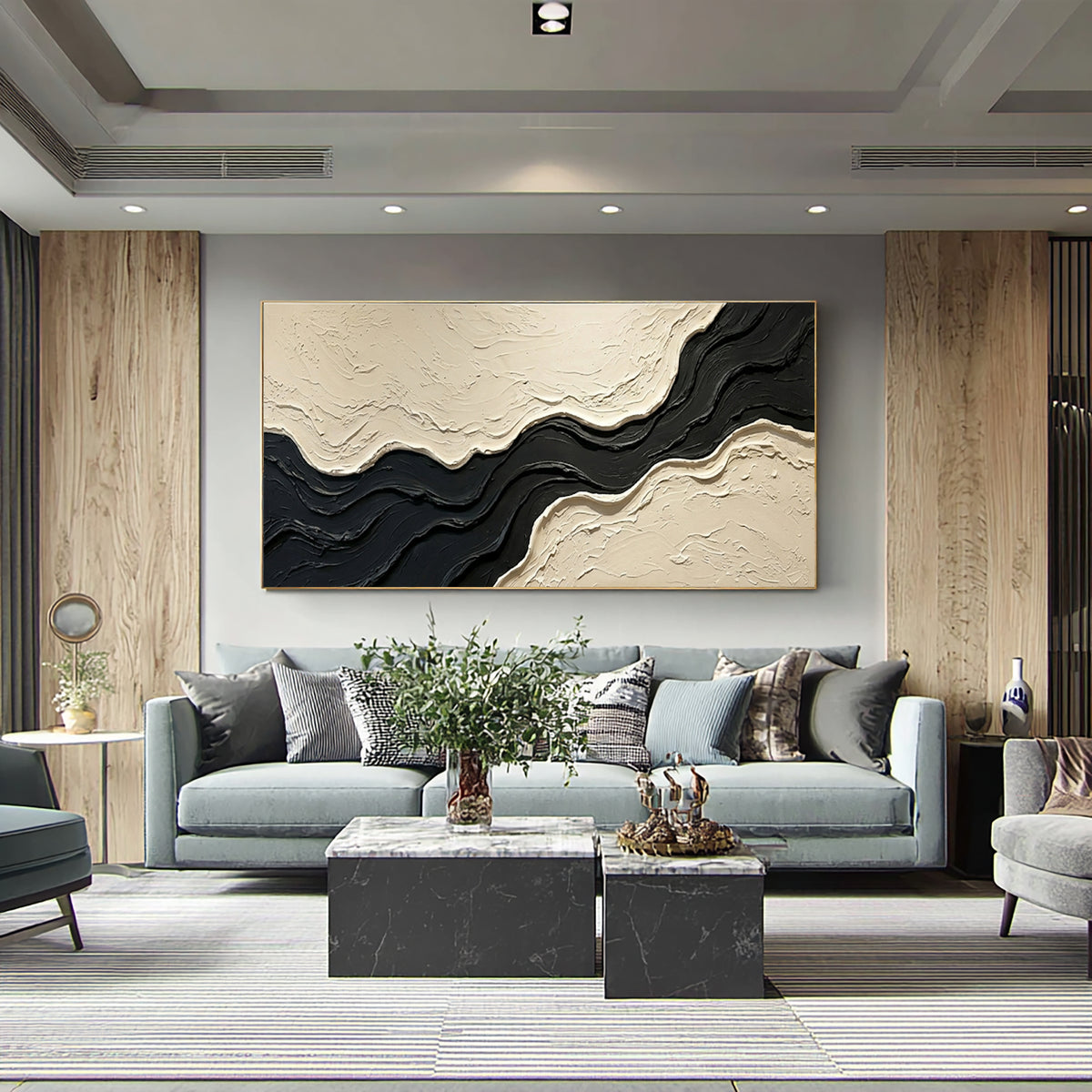 Large Architectural Textured Abstract Wall Art Black Ivory Oil Painting Contemporary Luxury Interior Design Artwork