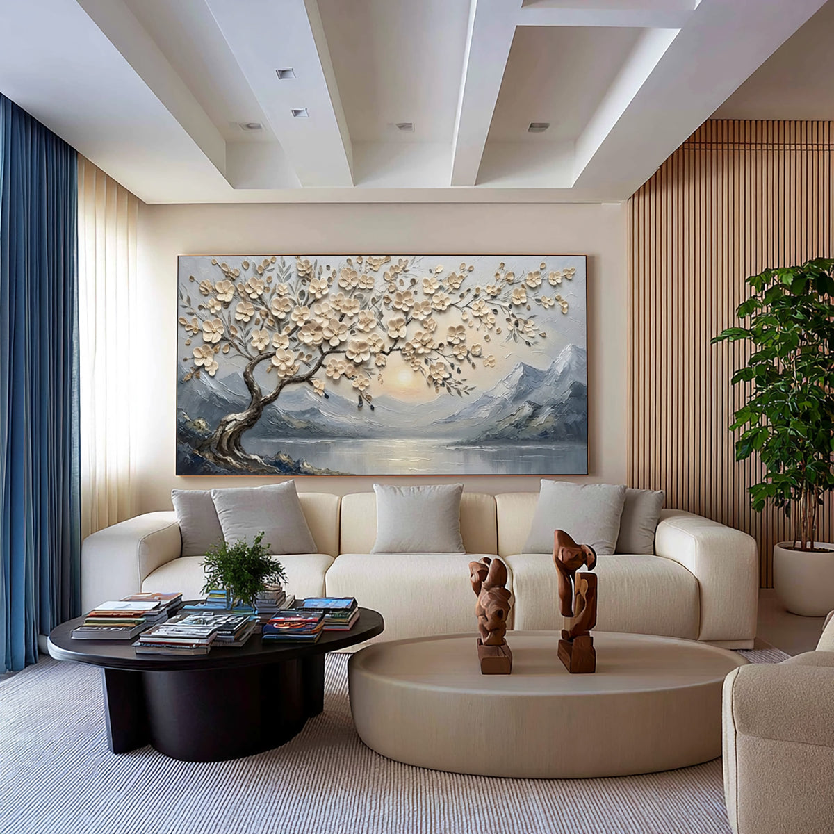 Large Textured Blossom Tree Painting Mountain Lake Living Room Wall Art