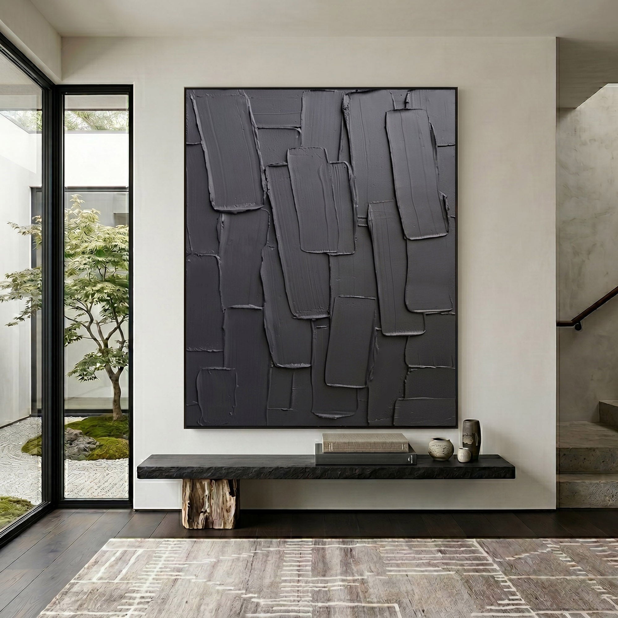 Black Gray Abstract Wall Art Textured Relief Painting Handmade Impasto Modern Minimalist Home Decor