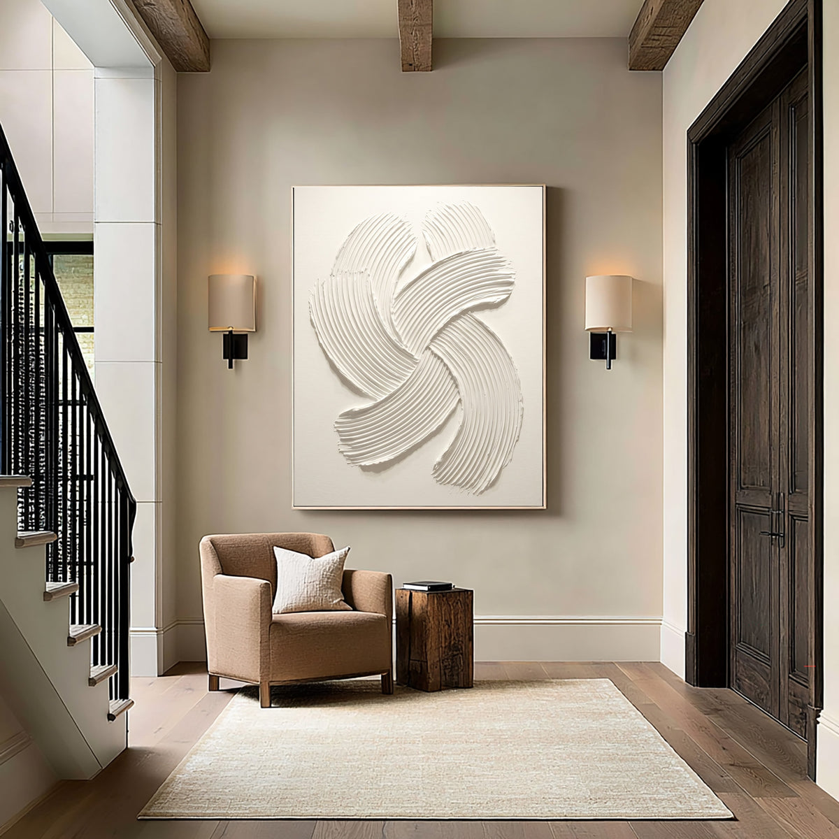 Rhythmic Curves Handmade Textured Abstract Artwork White Sculptural Relief Painting Contemporary Wall Decor