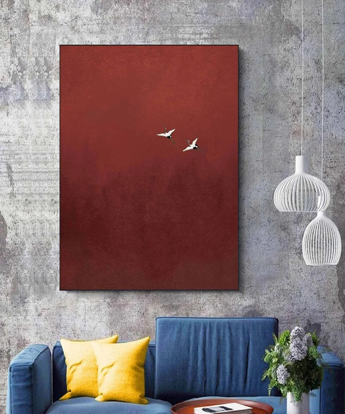 Serene Red Abstract with Birds Symbolic Minimalist Art #MM241