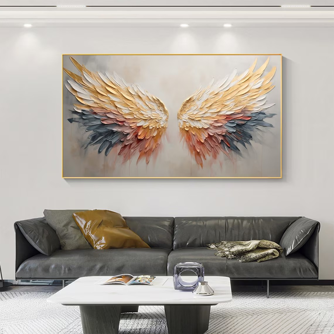 Textured Angel Wings Canvas Art, Modern Abstract Painting, Gold Accent Decor, Trending Design#MM385