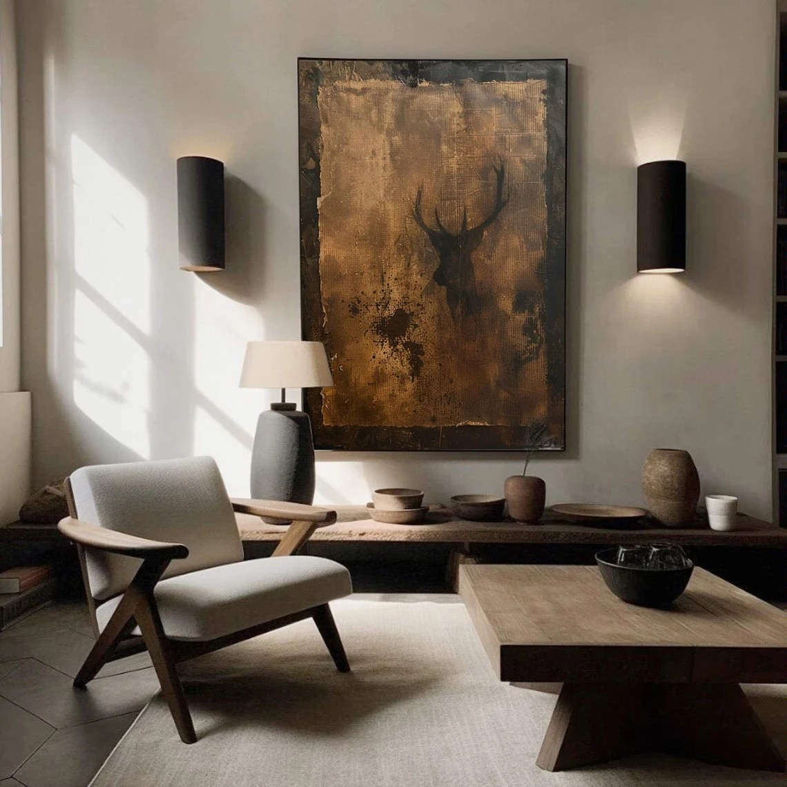 Brown Textured WABI SABI Art with Stag Modern Minimalist Wall Decor #MM216