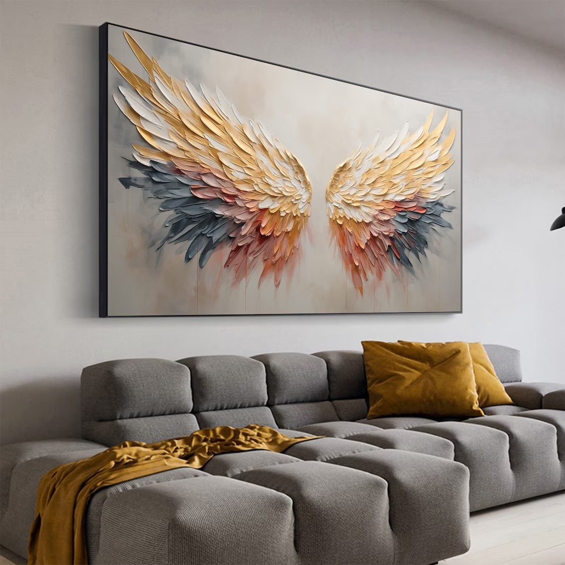 Textured Angel Wings Canvas Art, Modern Abstract Painting, Gold Accent Decor, Trending Design#MM385