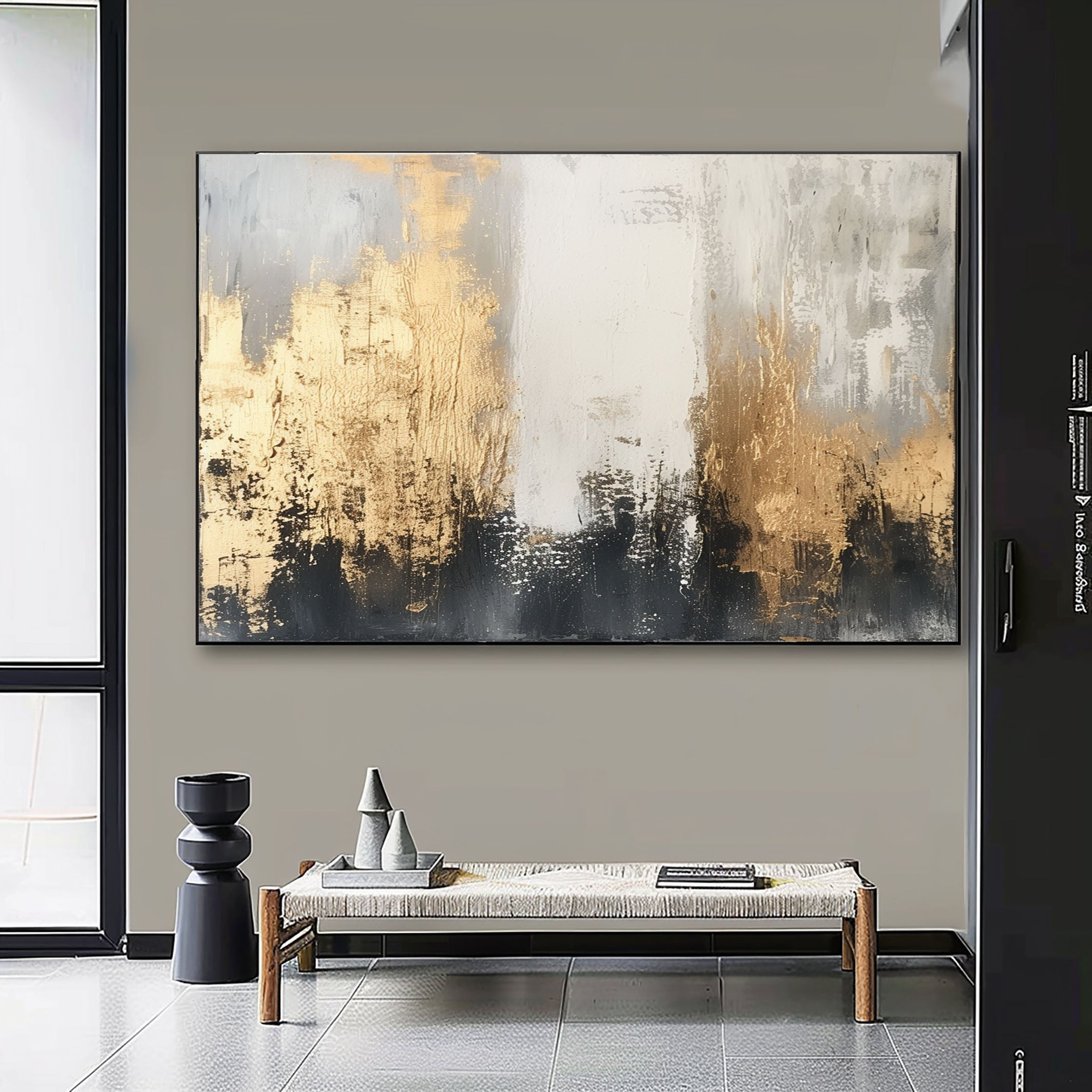 Contemporary Abstract Canvas Bold Brush Strokes in Gold and Black #AB016