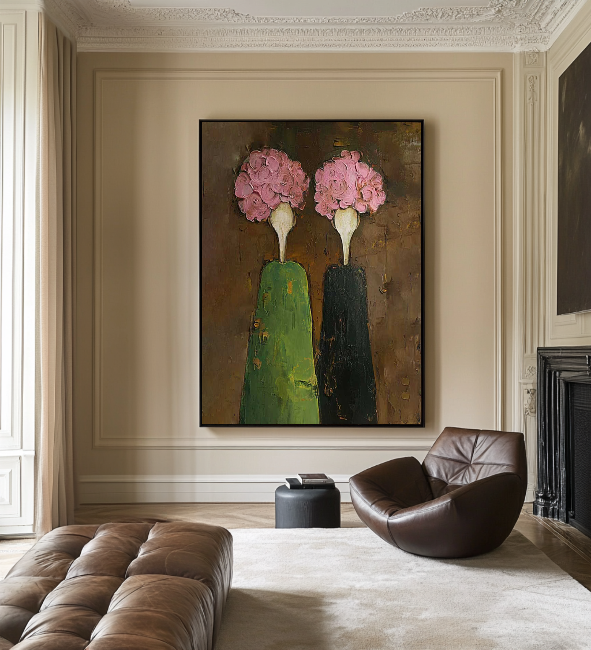 Modern Figurative Oil Painting - Green and Pink Wall Art | KelorArt