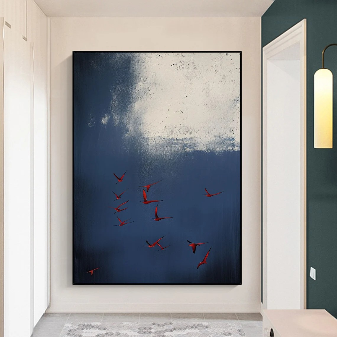 Dramatic Dark Blue Sky & Red Birds Modern Surreal Abstract Art #SP013