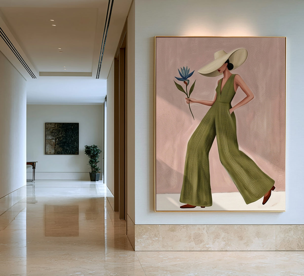 Modern Fashion Woman Painting Green Jumpsuit Wall Art