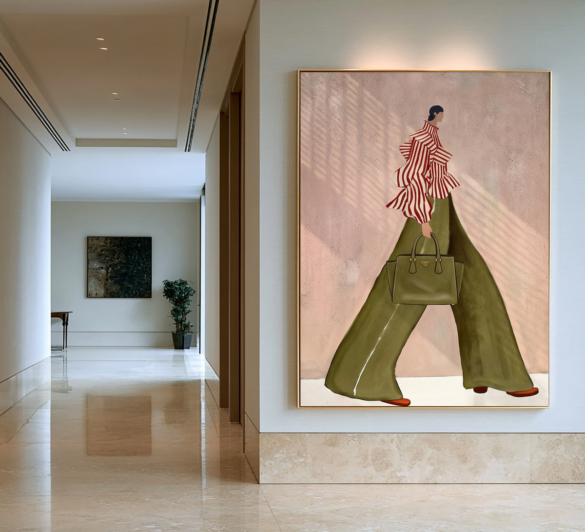 Fashion Woman Wall Art Green Pants Striped Top Hand Painted Art