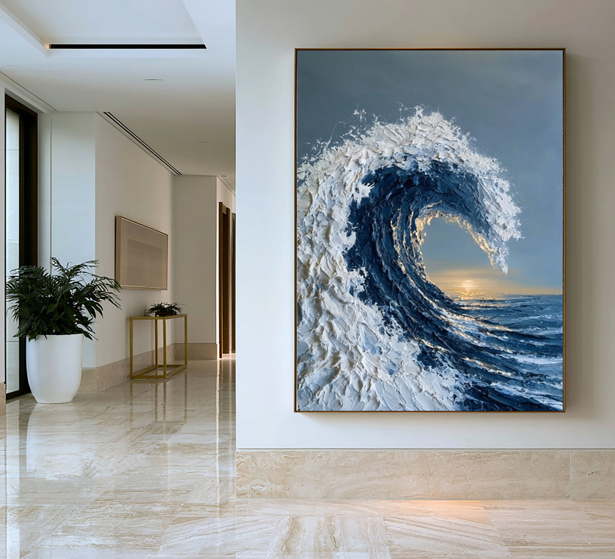 Large Modern Coastal Ocean Wall Art Textured Wave Oil Painting Seascape Cowboy Cowgirl Inspired Vintage Americana Artwork Contemporary Home Decor