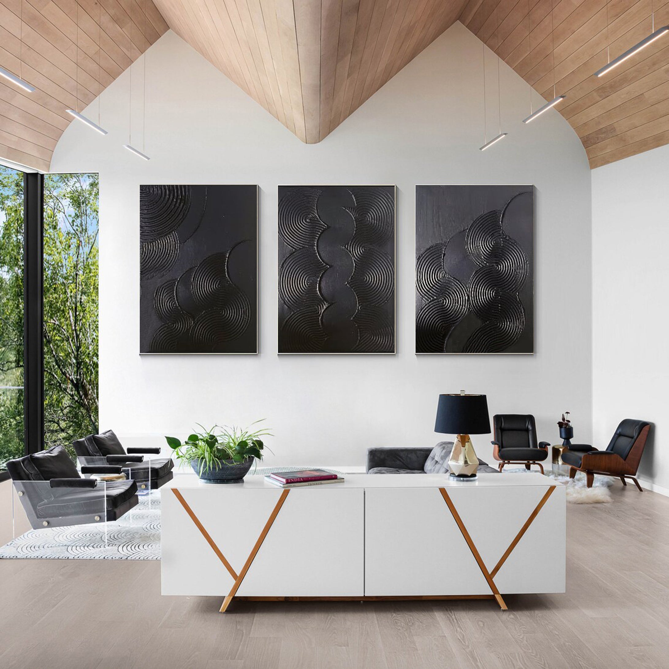 Modern Black Textured Geometric Triptych Wall Art #MMS063