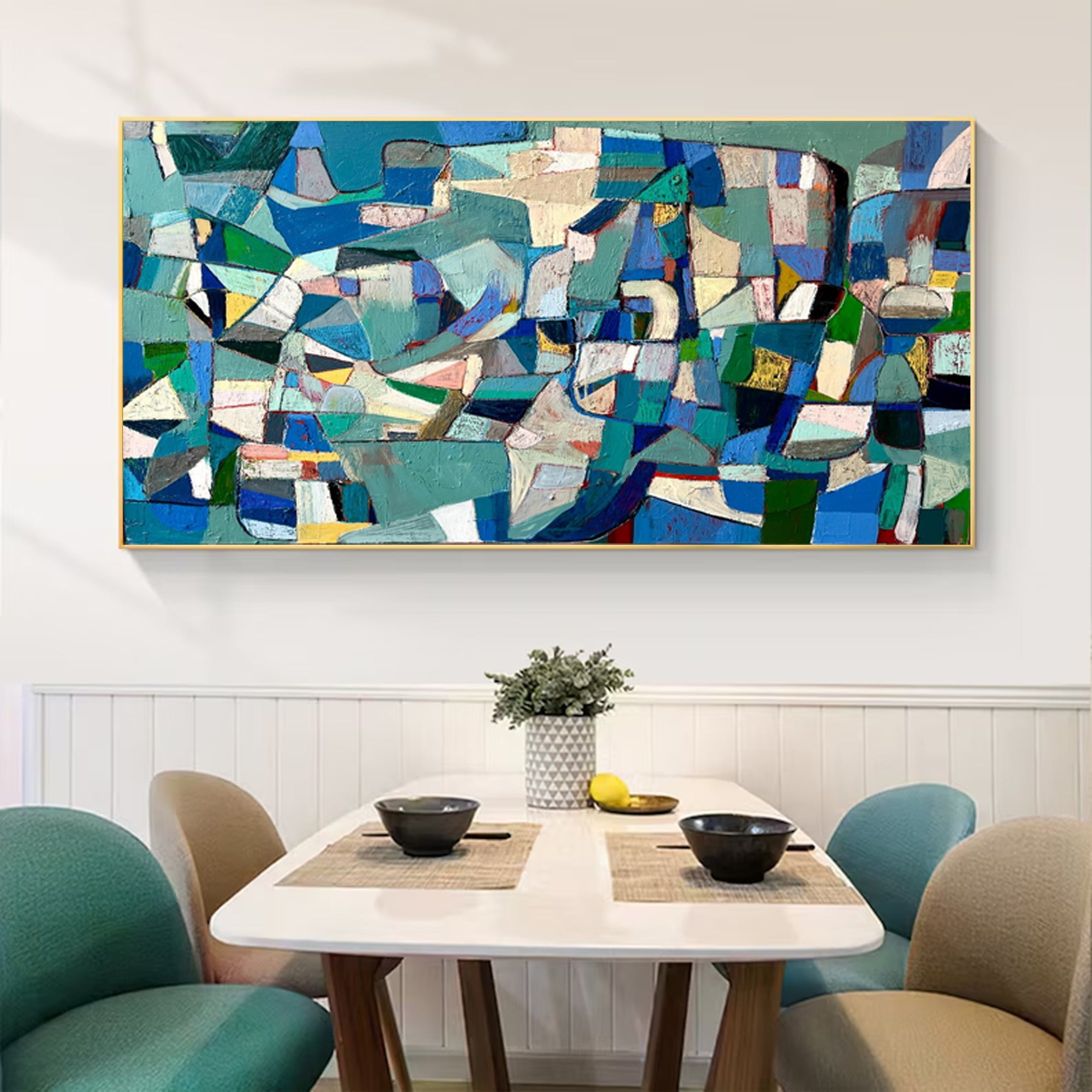 Vibrant Mid Century Wall Art Abstract Shapes in Cool Hues #MC002