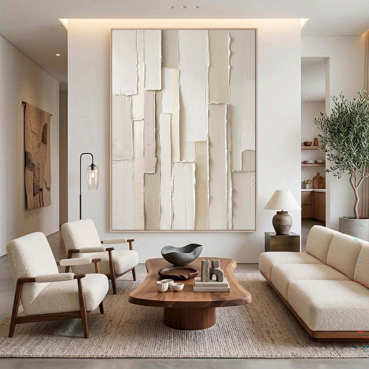 Large White Sculptural Relief Wall Art 3D Textured Abstract Oil Painting Layered Geometric Blocks Neutral Minimalist Luxury Home Decor