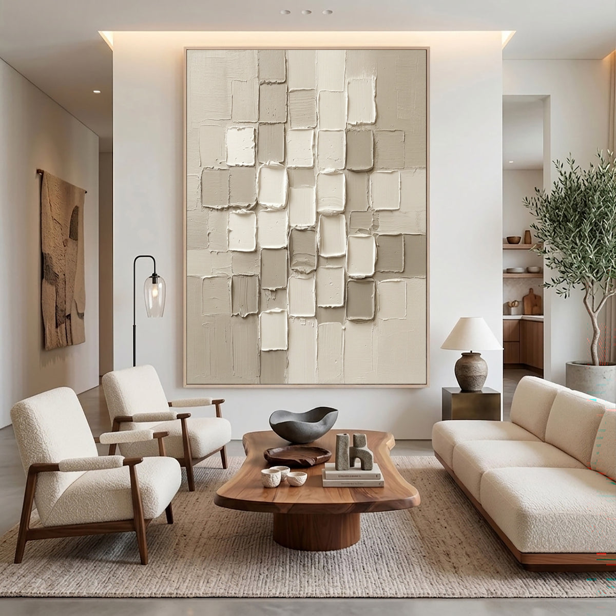 Large Elegant Neutral Textured Wall Art White Beige Abstract Oil Painting 3D Geometric Relief Modern Minimalist Luxury Home Decor